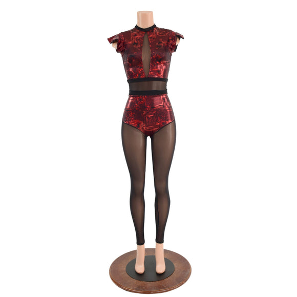 Primeval Red Inset Mesh Keyhole Catsuit with Mesh Legs - Coquetry Clothing