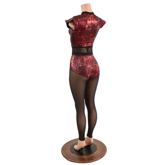 Primeval Red Inset Mesh Keyhole Catsuit with Mesh Legs - Coquetry Clothing