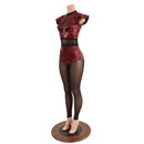 Primeval Red Inset Mesh Keyhole Catsuit with Mesh Legs - Coquetry Clothing
