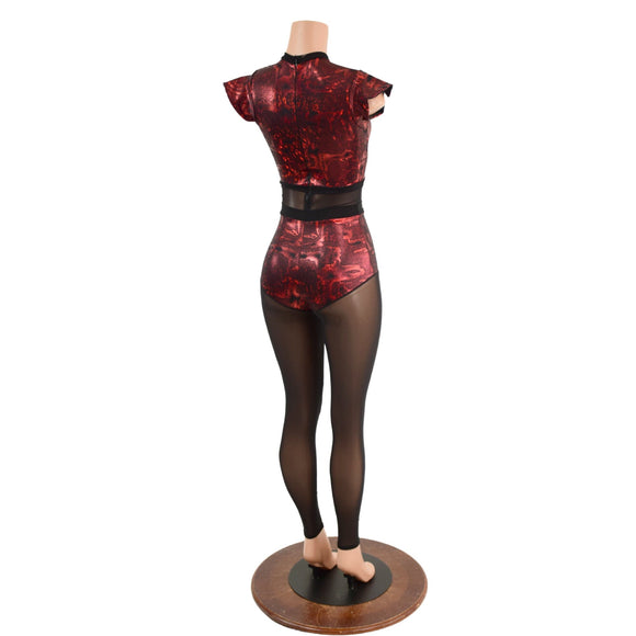 Primeval Red Inset Mesh Keyhole Catsuit with Mesh Legs - Coquetry Clothing