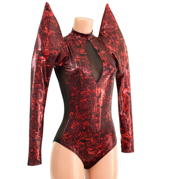 Primeval Red Romper with Mesh Side Panels and Keyhole - Coquetry Clothing