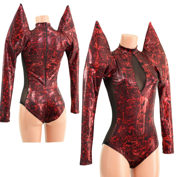 Primeval Red Romper with Mesh Side Panels and Keyhole - Coquetry Clothing