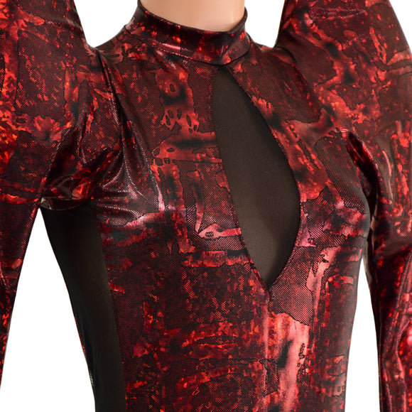 Primeval Red Romper with Mesh Side Panels and Keyhole - Coquetry Clothing