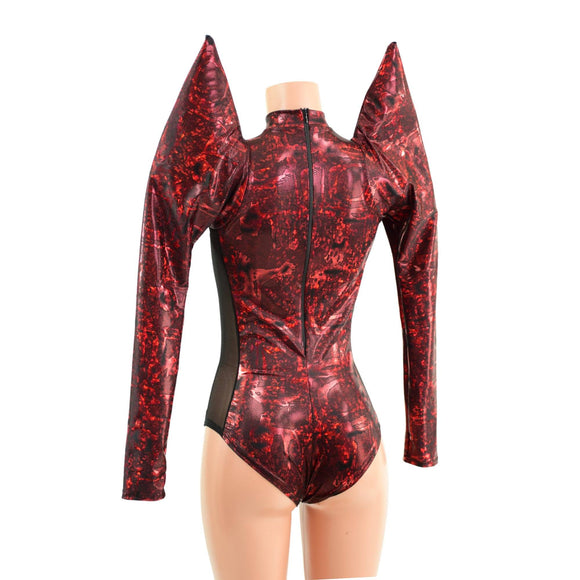 Primeval Red Romper with Mesh Side Panels and Keyhole - Coquetry Clothing