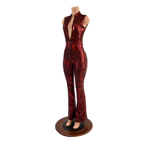 Primeval Red Sleeveless Stella Catsuit with Bootcut Leg - Coquetry Clothing