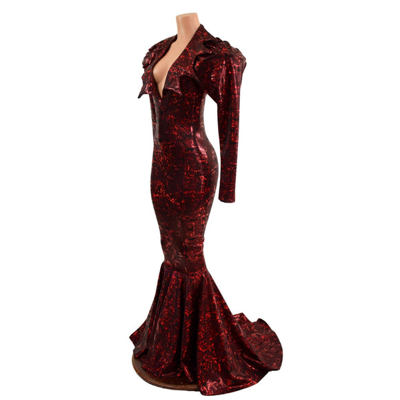 Puddle Train Gown with Demonica Collar and Victoria Sleeves - Coquetry Clothing