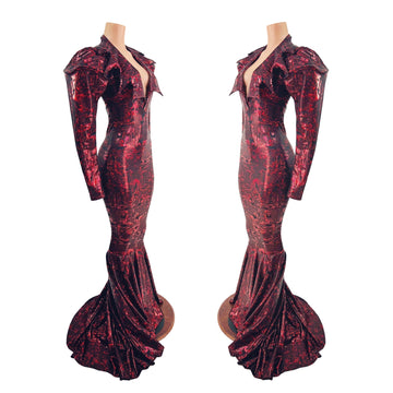 Puddle Train Gown with Demonica Collar and Victoria Sleeves - Coquetry Clothing