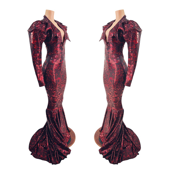 Puddle Train Gown with Demonica Collar and Victoria Sleeves - Coquetry Clothing