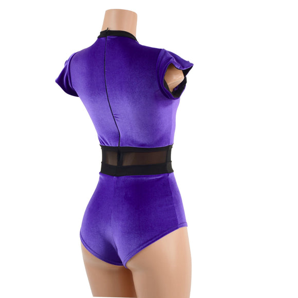 Purple Velvet and Mesh Romper with Inset Keyhole Neckline - Coquetry Clothing