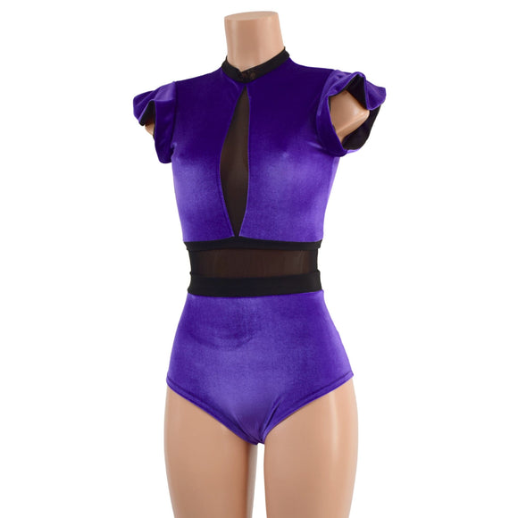 Purple Velvet and Mesh Romper with Inset Keyhole Neckline - Coquetry Clothing