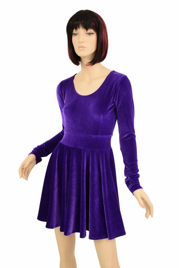 Purple Velvet Long Sleeve Skater Dress - Coquetry Clothing