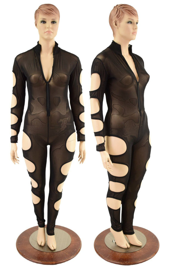 Quad Cutout Catsuit in Black Mesh - 1