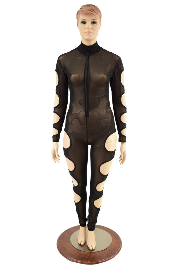 Quad Cutout Catsuit in Black Mesh - 7