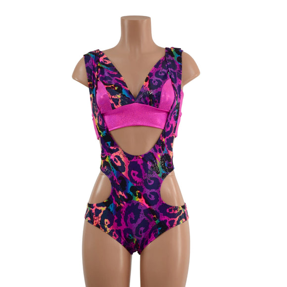 Rainbow Leopard Hipnotic Suspender Romper and Starlette Bralette Set - Coquetry Clothing