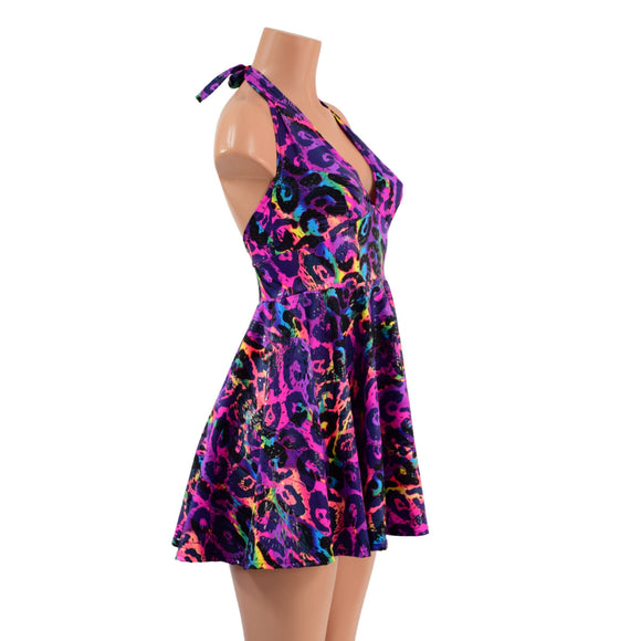 Rainbow Leopard UV Glow Halter Skater Dress - Coquetry Clothing