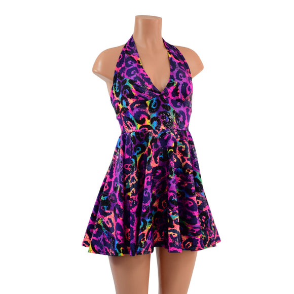 Rainbow Leopard UV Glow Halter Skater Dress - Coquetry Clothing