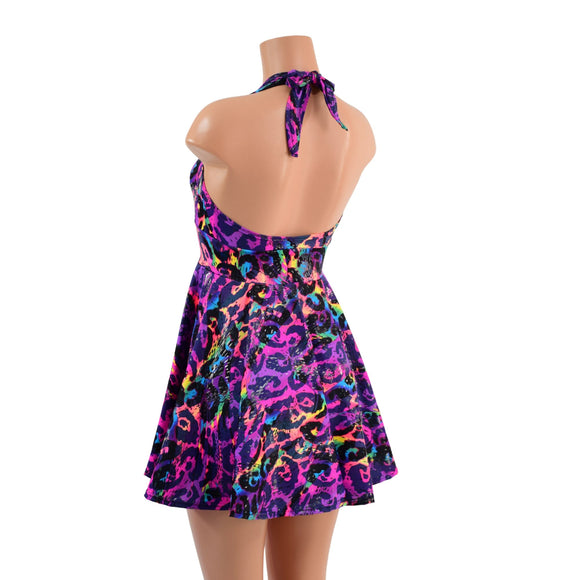 Rainbow Leopard UV Glow Halter Skater Dress - Coquetry Clothing