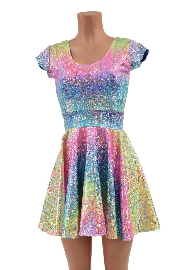 Rainbow Shattered Glass Cap Sleeve Skater Dress - Coquetry Clothing