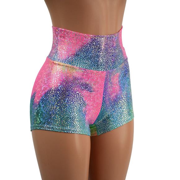 Rainbow Shattered Glass High Waist Shorts - Coquetry Clothing
