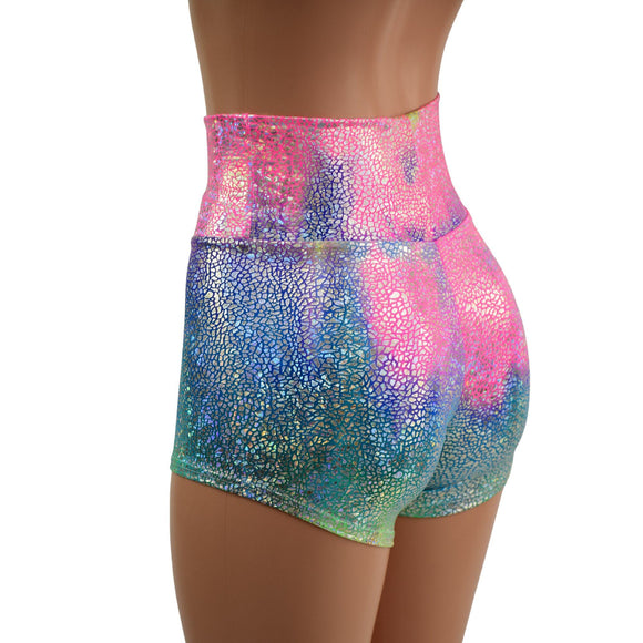 Rainbow Shattered Glass High Waist Shorts READY to SHIP - Coquetry Clothing
