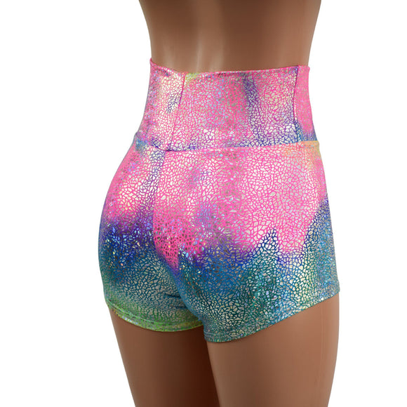Rainbow Shattered Glass High Waist Shorts READY to SHIP - Coquetry Clothing