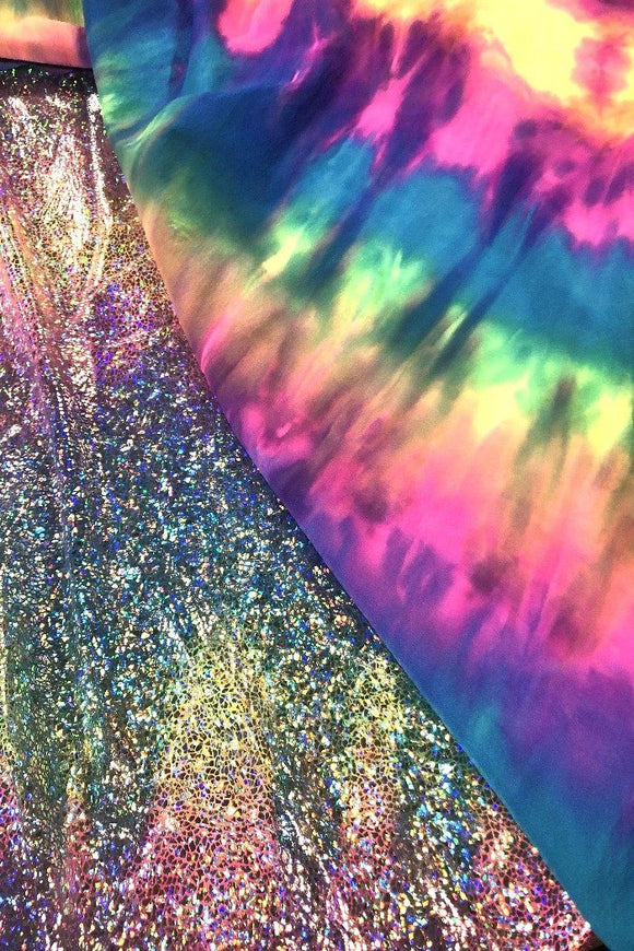 Rainbow Shattered Glass Holographic Stretch Fabric - Coquetry Clothing