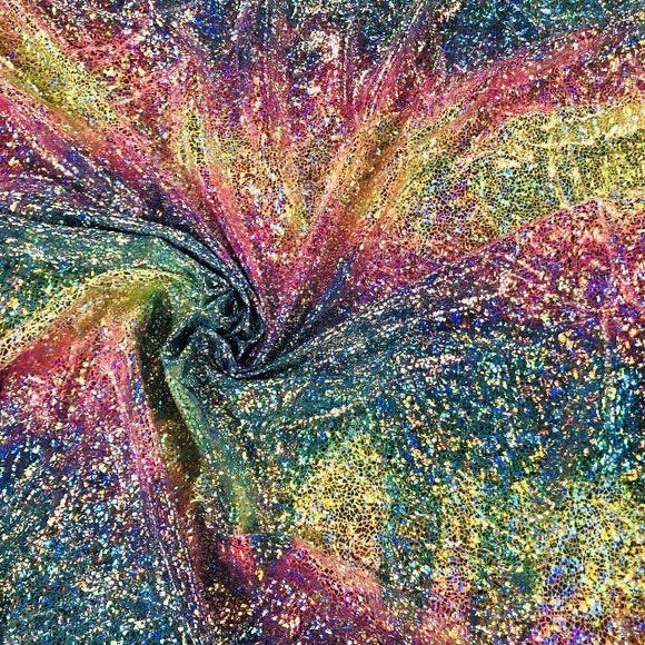 Rainbow Shattered Glass Holographic Stretch Fabric - Coquetry Clothing
