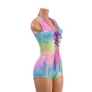 Rainbow Shattered Glass Plunging V Romper with Laceup - Coquetry Clothing