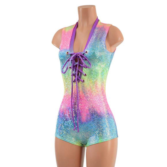 Rainbow Shattered Glass Plunging V Romper with Laceup - Coquetry Clothing