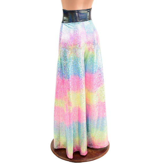 Rainbow Shattered Glass Wide Leg Pants with Black Holo Waistband - Coquetry Clothing
