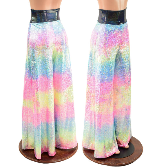 Rainbow Shattered Glass Wide Leg Pants with Black Holo Waistband - Coquetry Clothing