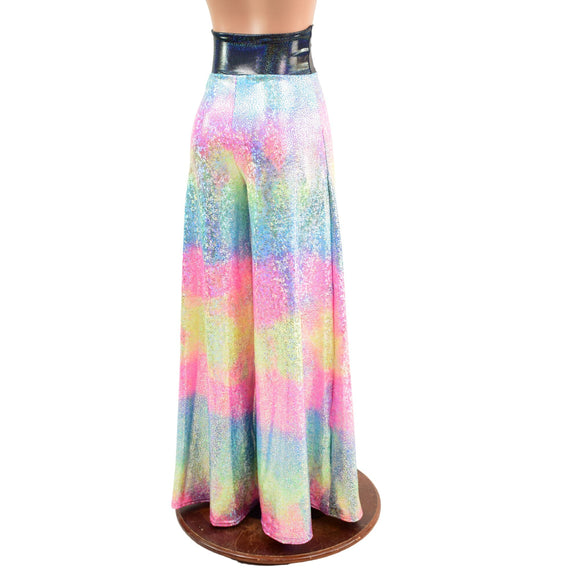 Rainbow Shattered Glass Wide Leg Pants with Black Holo Waistband - Coquetry Clothing
