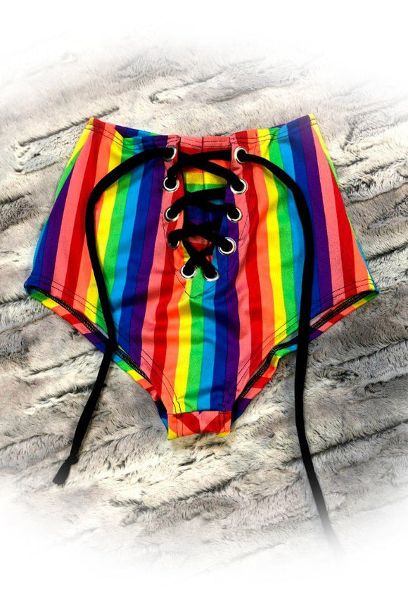Rainbow Stripe Front Lace Up Siren Shorts - Coquetry Clothing