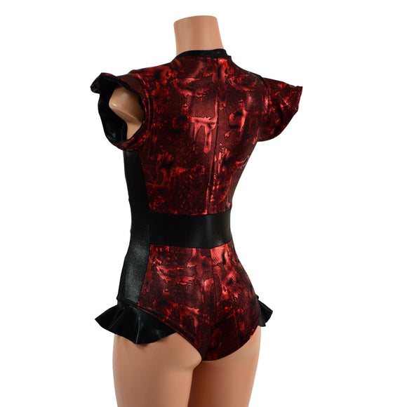 Ready to Ship Primeval Red and Black Mystique Flip Sleeve Paneled Romper XS - Coquetry Clothing