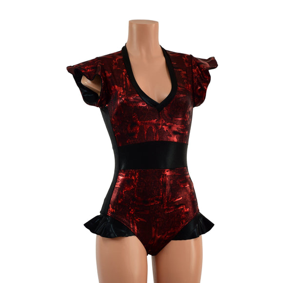 Ready to Ship Primeval Red and Black Mystique Flip Sleeve Paneled Romper XS - Coquetry Clothing
