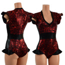 Ready to Ship Primeval Red and Black Mystique Flip Sleeve Paneled Romper XS - Coquetry Clothing
