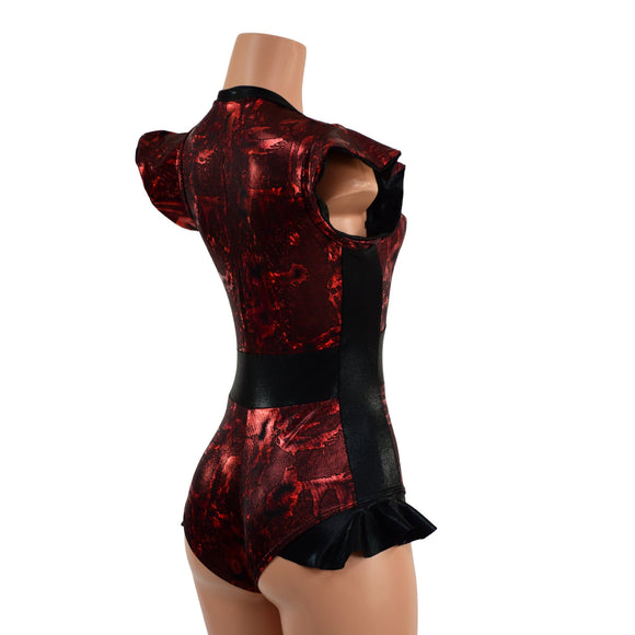 Ready to Ship Primeval Red and Black Mystique Flip Sleeve Paneled Romper XS - Coquetry Clothing
