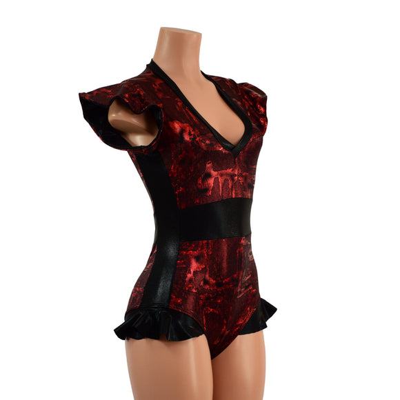 Ready to Ship Primeval Red and Black Mystique Flip Sleeve Paneled Romper XS - Coquetry Clothing