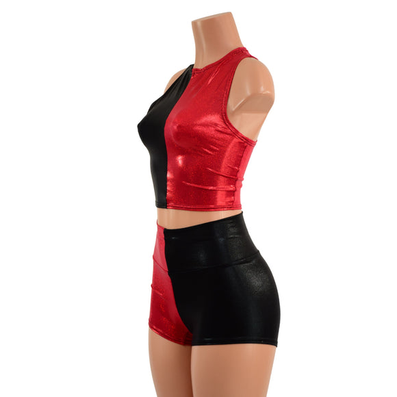 Red and Black Harlequin High Waist Shorts & Crop Set - Coquetry Clothing