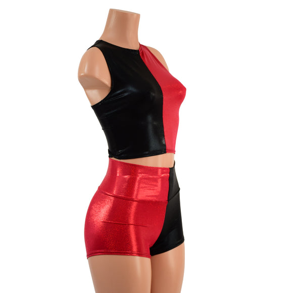 Red and Black Harlequin High Waist Shorts & Crop Set - Coquetry Clothing