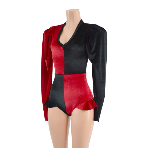 Red and Black Velvet Harlequin Romper with Mini Vicky Sleeves - Coquetry Clothing