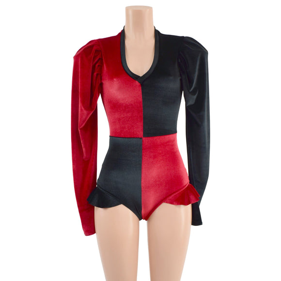 Red and Black Velvet Harlequin Romper with Mini Vicky Sleeves - Coquetry Clothing
