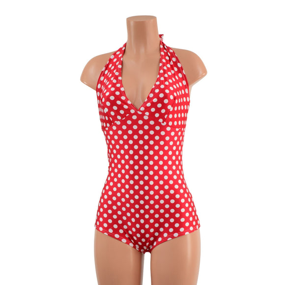 Red and White Polka Dot Monroe Halter Romper - Coquetry Clothing