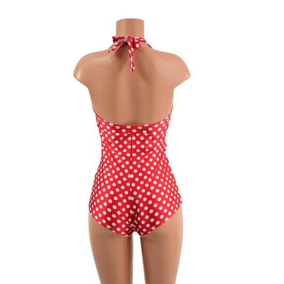 Red and White Polka Dot Monroe Halter Romper - Coquetry Clothing
