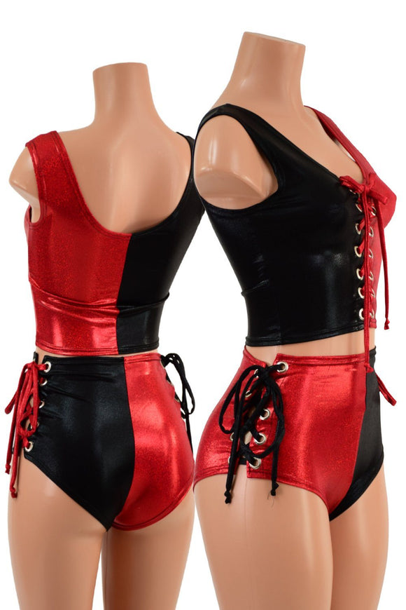 Red & Black Lace Up Harlequin Set - Coquetry Clothing