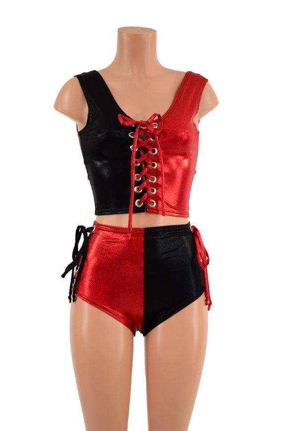 Red & Black Lace Up Harlequin Set - Coquetry Clothing