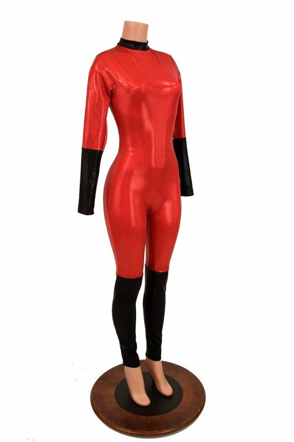 Red & Black Short Collar Catsuit - 2