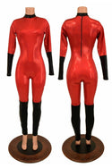 Red & Black Short Collar Catsuit - 1