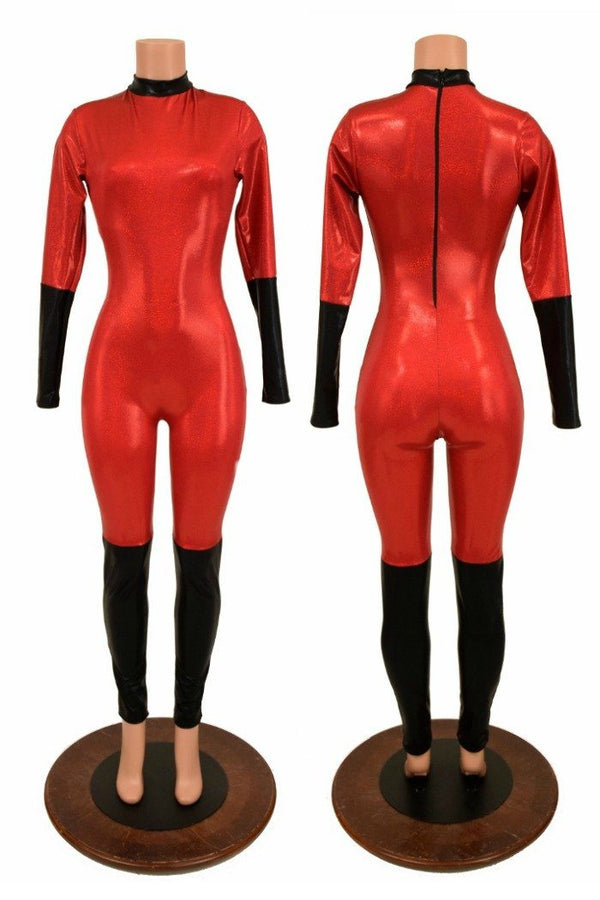 Red & Black Short Collar Catsuit - 1