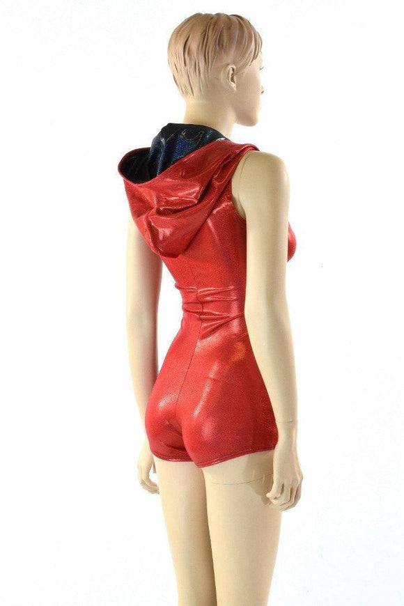 Red Metallic Zipper Hoodie Romper - Coquetry Clothing